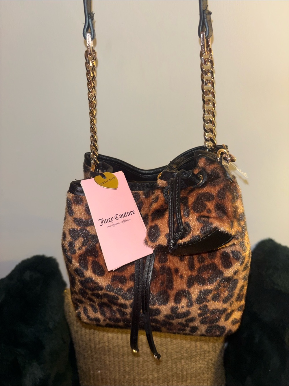 Juicy Couture Leopard Print Drawstring Crossbody with Gold Chain